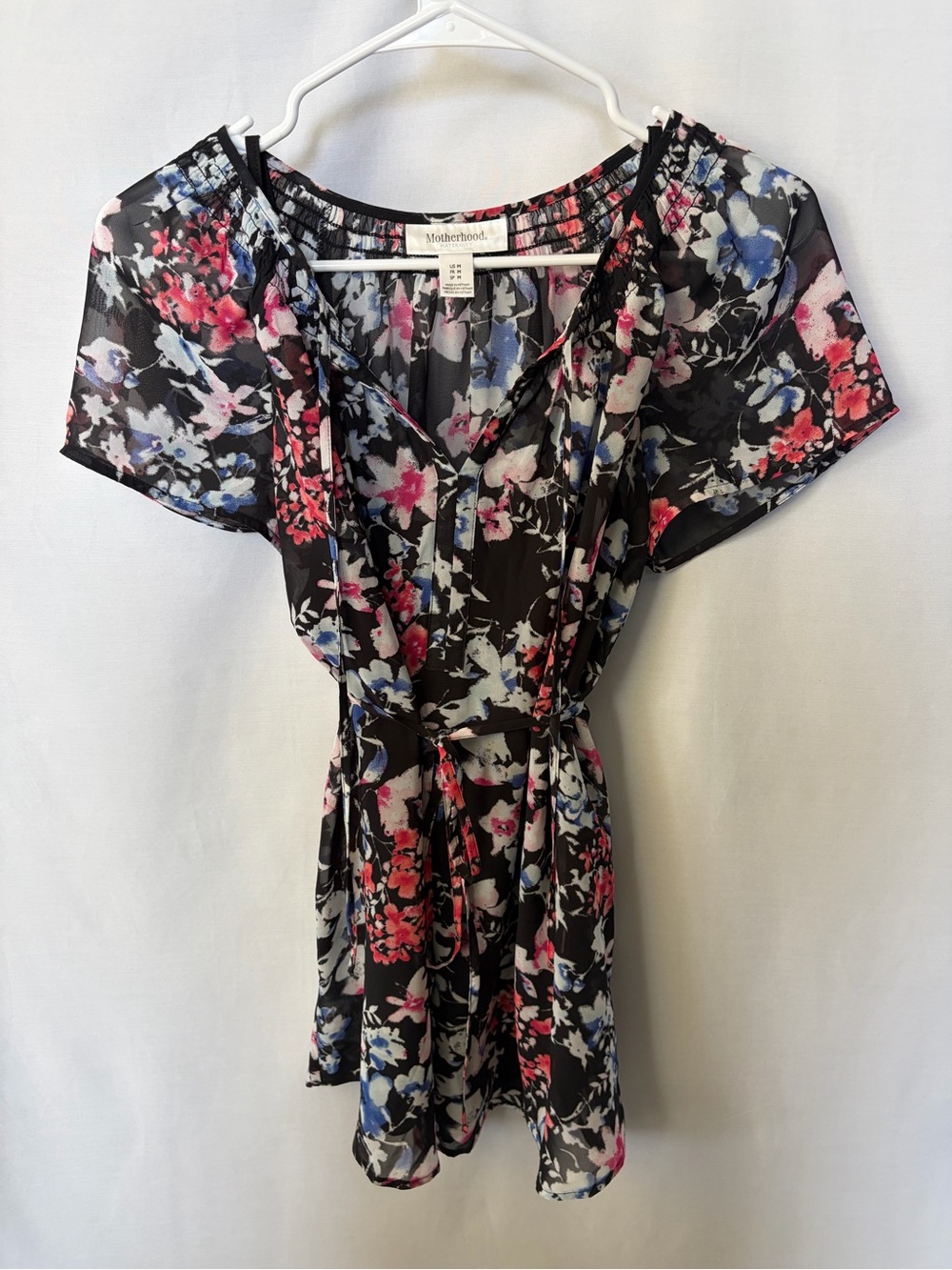 Motherhood Black Floral Tie-Waist Maternity Tunic with Pink & Blue Blooms